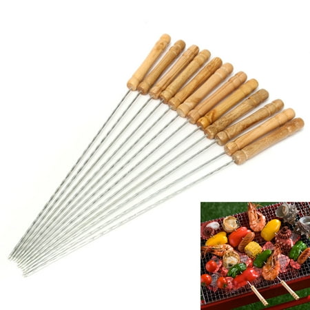 12Pcs Steel Metal BBQ Roast Barbecue Skewer Grill Kebab Needles Stick Wood