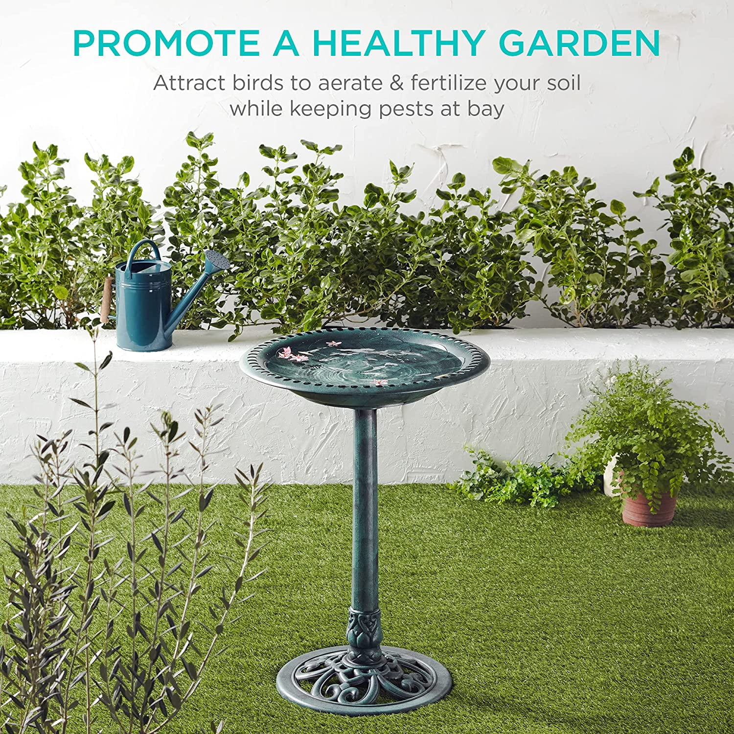 NIUMU  28in Pedestal Bird Bath, Vintage Outdoor Resin Accent Decoration w/Fleur-de-Lis Accents - Green
