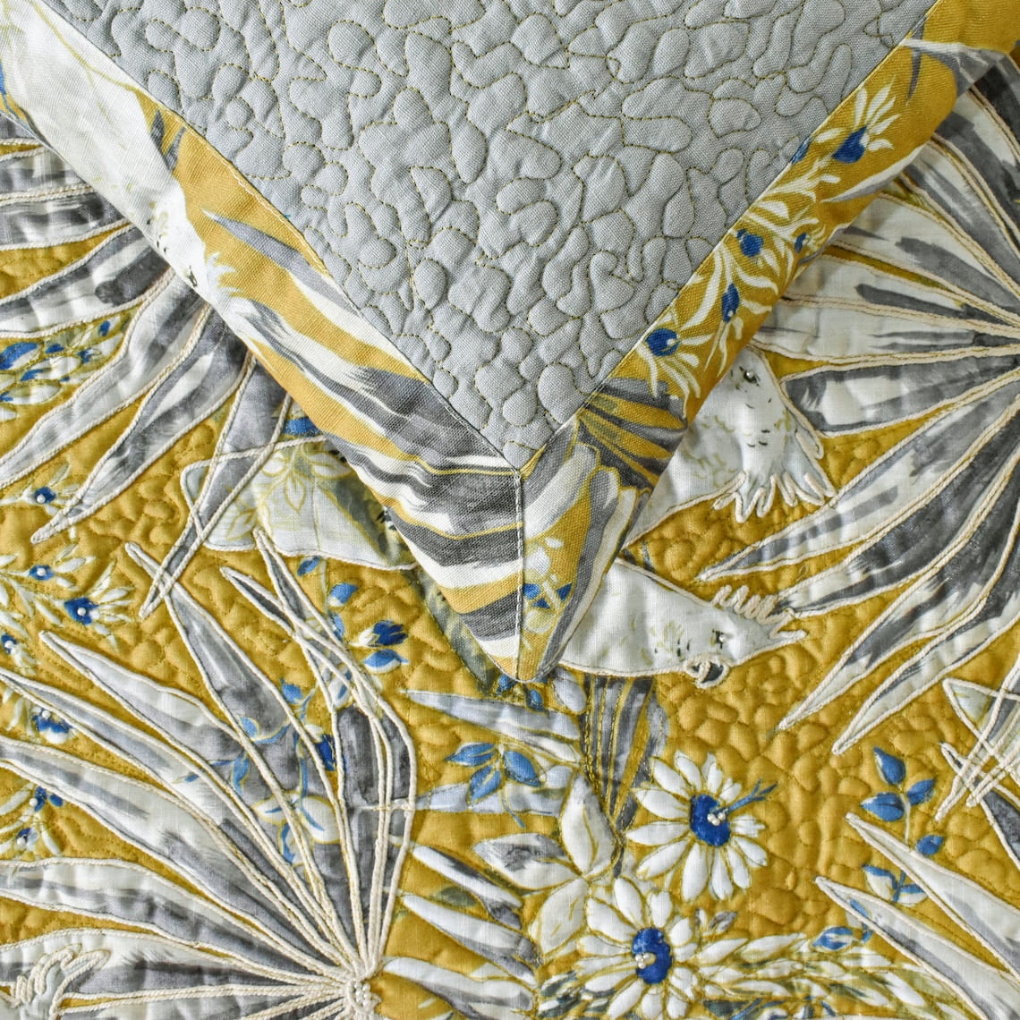 King / Queen / Twin Grey & Yellow Decorative CA King 86"x18" Bed Runner With Pillow Cover, Cockatoo Bird & Quilted Bed Scarf on Cotton fabric - Cockatoo Love