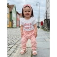 thumbnail image 4 of Loicainy Baby Toddler Girl Summer Outfits 3 6 12 18 Months Letter Print Short Sleeve Round Neck Romper Bow Pattern Pants Headband 3 Pcs Clothes Set, 4 of 7