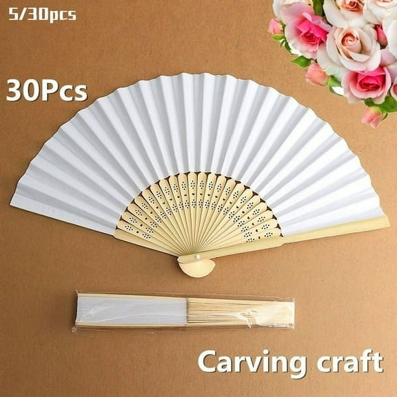 30/20/10 Pack Pack Hand Held Fans White Silk Bamboo Folding Fans Handheld Folded Fan for Wedding, Party, DIY Decoration