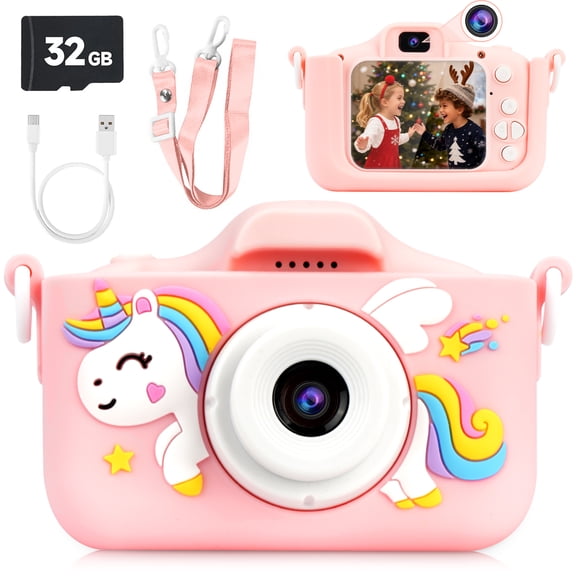 PayUSD Kids Camera Selfie Video Unicorn Christmas Birthday Gifts 1080P HD Digital for Boys Girls Age 3-12 Gifts Toys for 3 4 5 6 7 8 9 Years Old with 32GB SD Card Pink