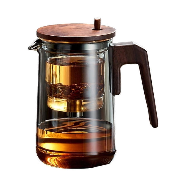Tetera de vidrio con mango de madera, resistente al calor, con filtro de un solo botón, transparente y perfumada.