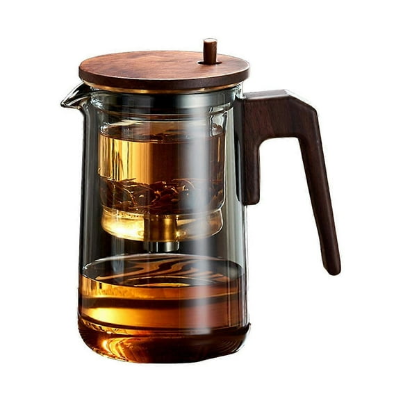 Tetera de vidrio con mango de madera, resistente al calor, con filtro de un solo botón, transparente y perfumada.