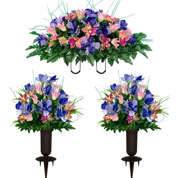 Sympathy Silks Artificial Cemetery Flowers 2 Cream Pink Tulips/Purple Iris Bouquets with Vases & Saddle