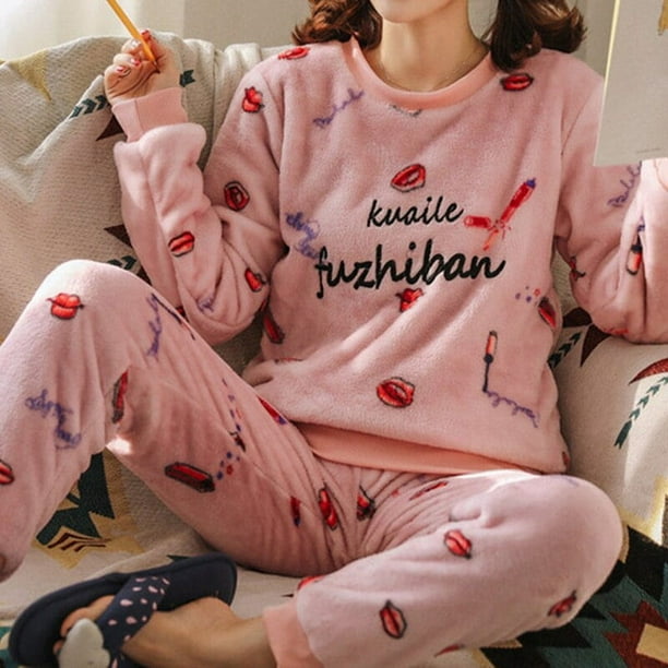 Women Winter Pajama Set Fleece Pyjamas Sleepwear Homewear Strip