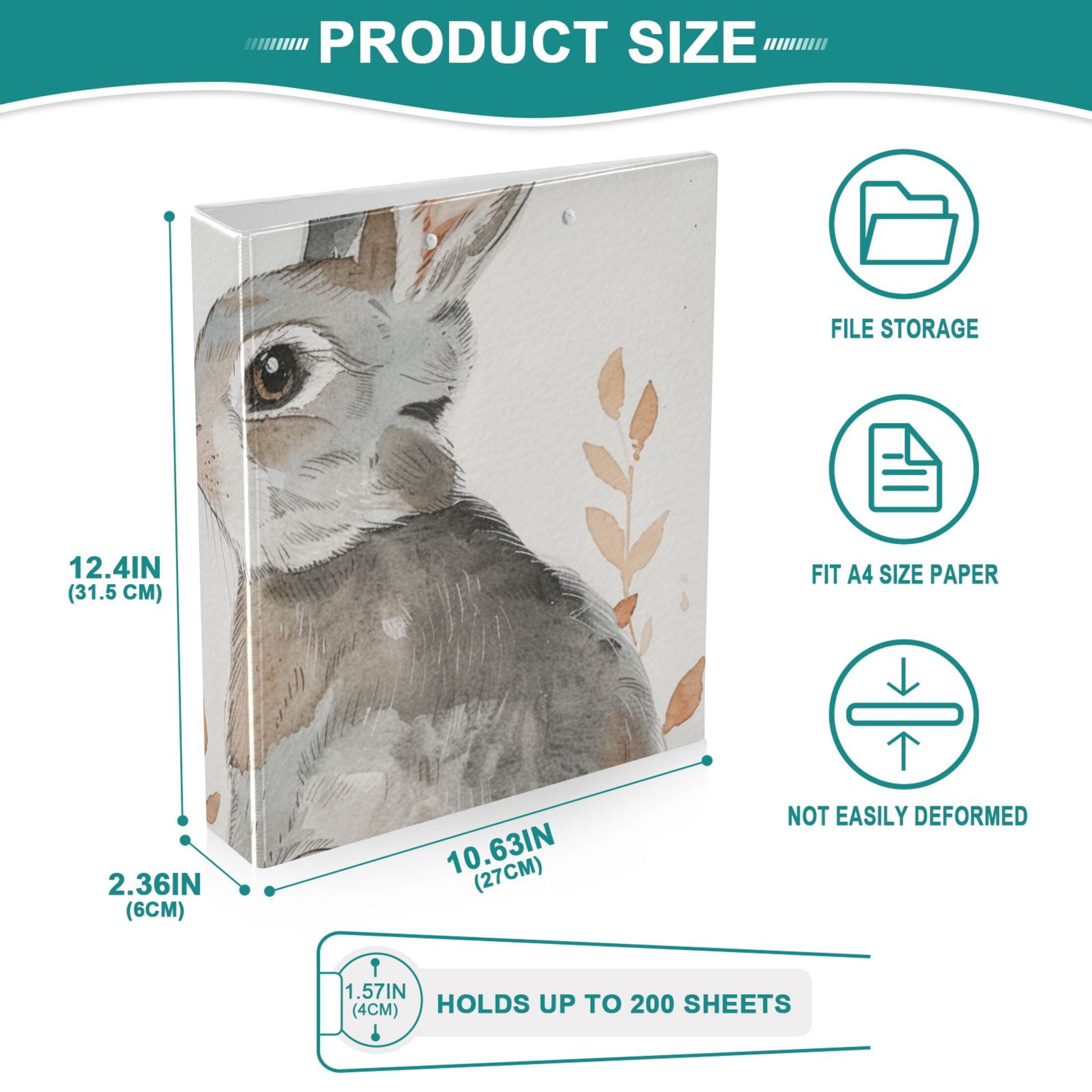 Leaves and Rabbit 3 Ring Binders 1.5 inch Hardcover File Folders with Interior Pockets A4 Size Organizer for School Office Hospital