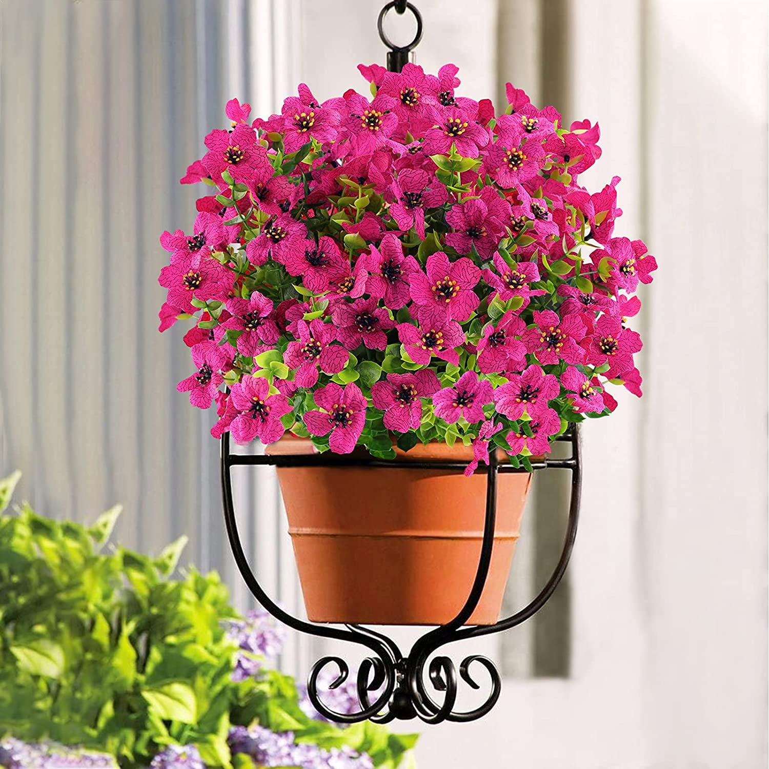 Sinhoon 8 Bundles Artificial Flowers UV Resistant Fake Plants Outdoor Faux Plastic Flowers Garden Window Box Porch Home Decor (Rosy red)