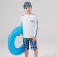 thumbnail image 5 of Arlun Boys Long Sleeve Swim Tops and Trunks Funny Print Rash Guard Comfortable Separates Swimwear Sets for Toddler Kids Swimming 3 Piece Quick-Dry Swimsuits with Cap Blue 9-10 Years, 5 of 7