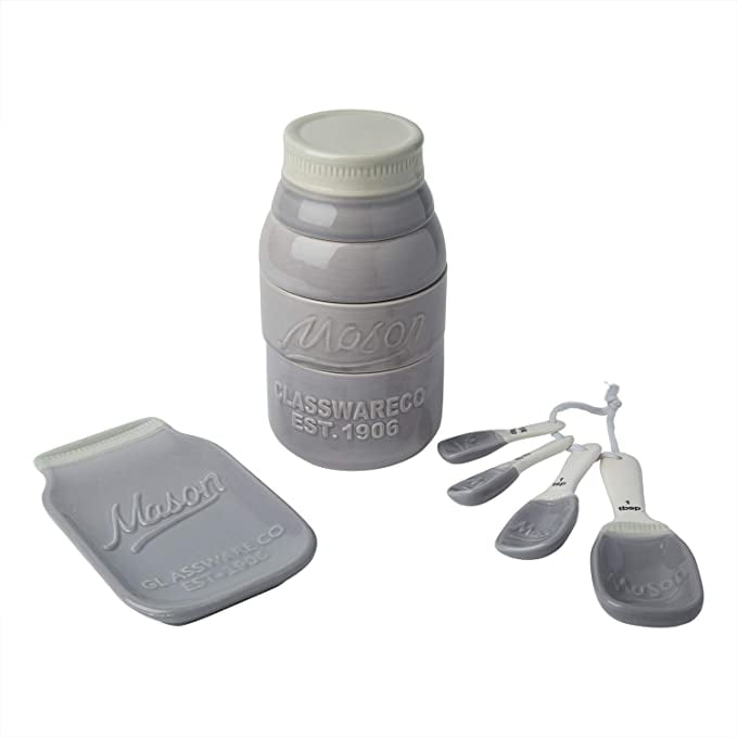 Comfify Vintage Mason Jar Ceramic Measuring Set - 4 Cups, 4 Spoons, Spoon Rest (Coral Embossed)