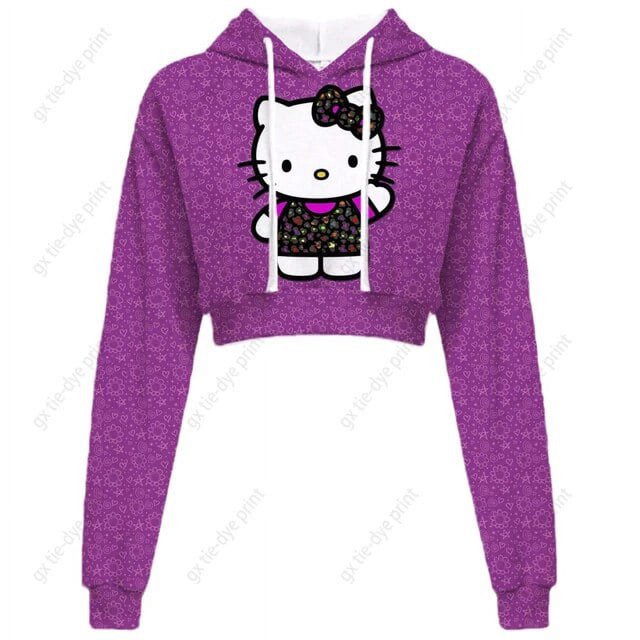 Hello Kitty Chandail en Molleton Court à Manches Longues pour Femmes, Motif, Chandail Noir, Chandail à Capuchon de Mode pour Femmes