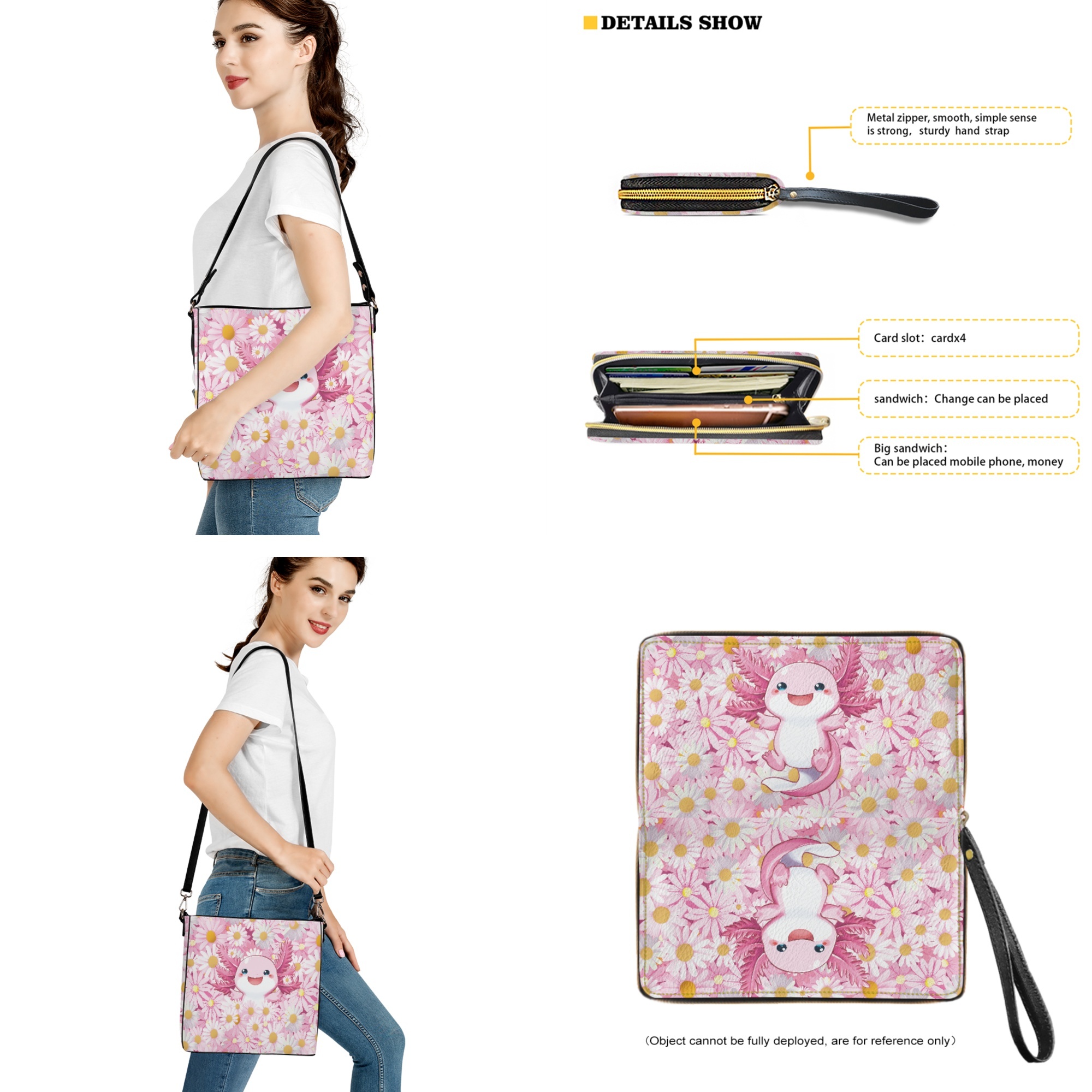 ZUXONGSY Axolotl Daisy Flower Print Crossbody Hobo Bag with Wallet Set for Women Casual 2 Pcs Bucket Purse Set Lightweight Bucket Purse and Wallet Set for Working