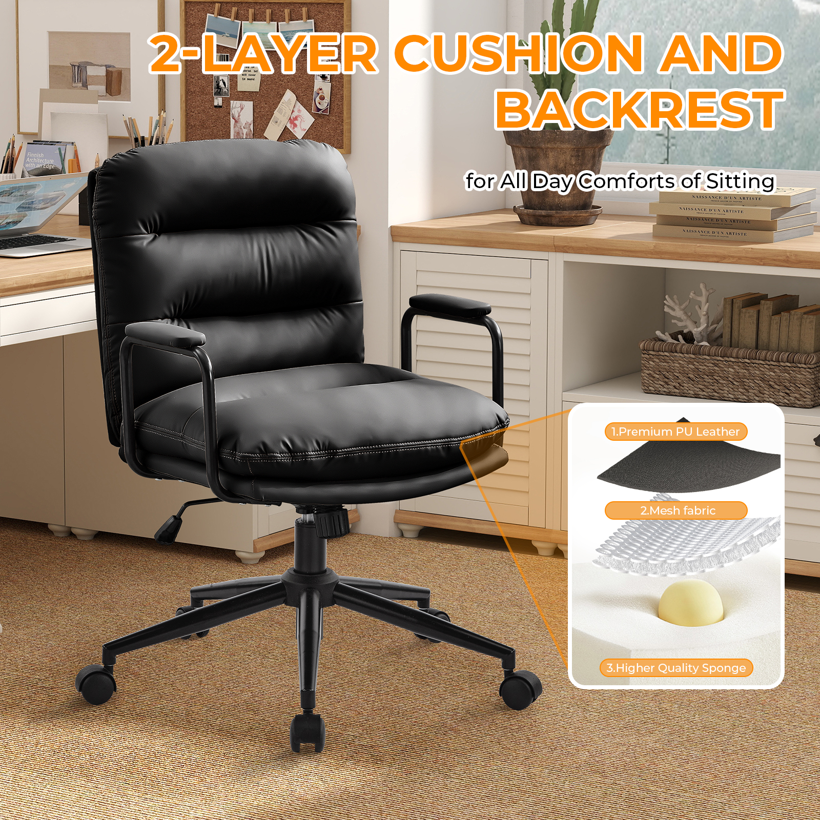 Falvinoryn Modern Office Chair, High Back Ergonomic Task Chair with Padded Armrests and Double Cushion, Swivel Home Office Desk Chair, Faux Leather Executive Armchair for Home, Bedroom (Black)