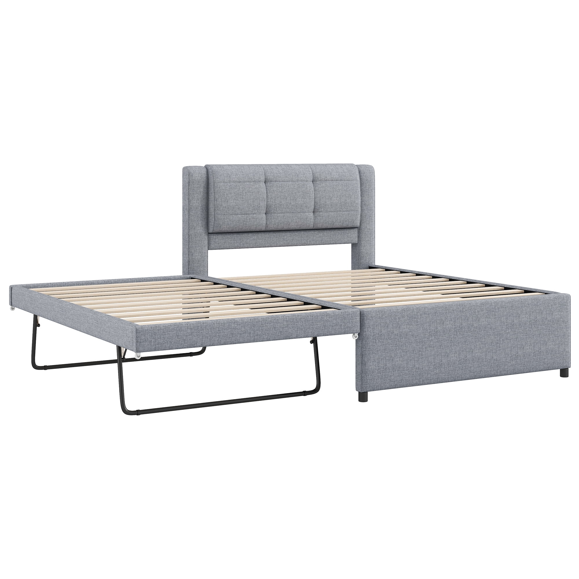 Euroco Upholstered Twin Platform Bed with Pop-up Twin Trundle for Bedroom, 2 Beds in One, Gray