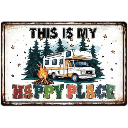 Camping Car Campfire Metal Tin Sign 8x12in "Happy Space" Vintage Painting Tin Signs Wall Poster Plaque for Camping Cabin RV Living Room Bedroom Patio Backyard Porch Camp Kitchen