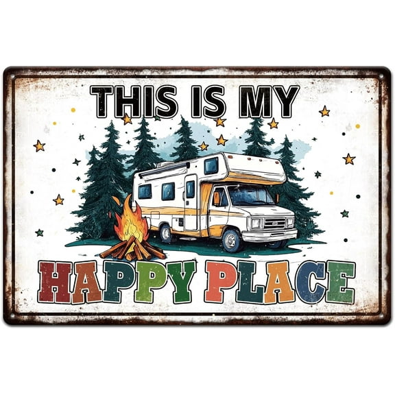 Camping Car Campfire Metal Tin Sign 8x12in "Happy Space" Vintage Painting Tin Signs Wall Poster Plaque for Camping Cabin RV Living Room Bedroom Patio Backyard Porch Camp Kitchen