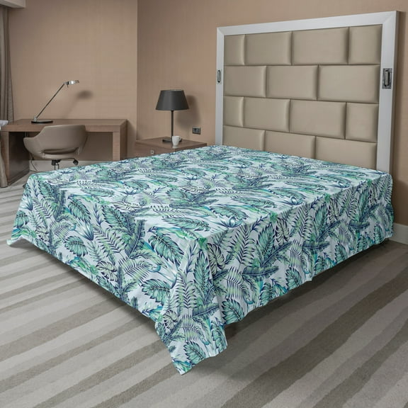 Ambesonne Exotic Flat Sheet, Chameleon on Tropic Leaves, Queen Size, Pale Blue Seafoam