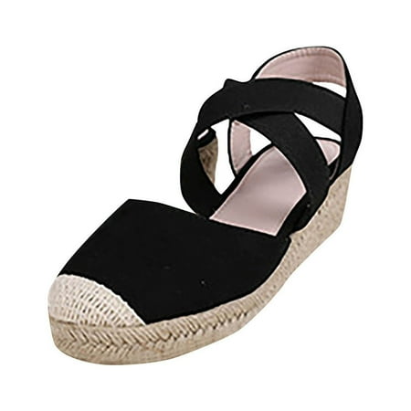 CHOII 50% Clearance Women s Ladies Cross Elastic Belt Wedges Heel Sandals Footwear Beach Shoes Fish Mouth Sandals Ankle Strap Sandals Comfort Sandals Black/6.5