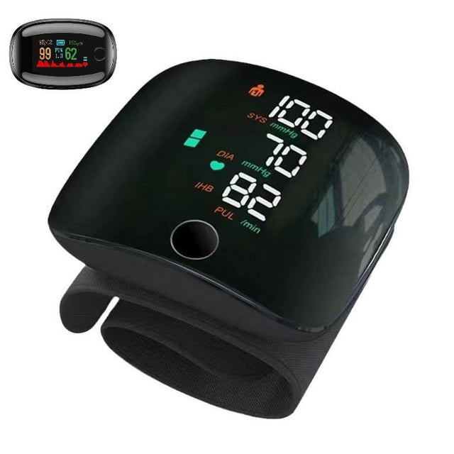 Monitor de presión arterial de muñeca, tensiómetro con pantalla táctil LCD grande, brazalete digital automático recargable y fácil manejo con un solo botón y oxímetro.