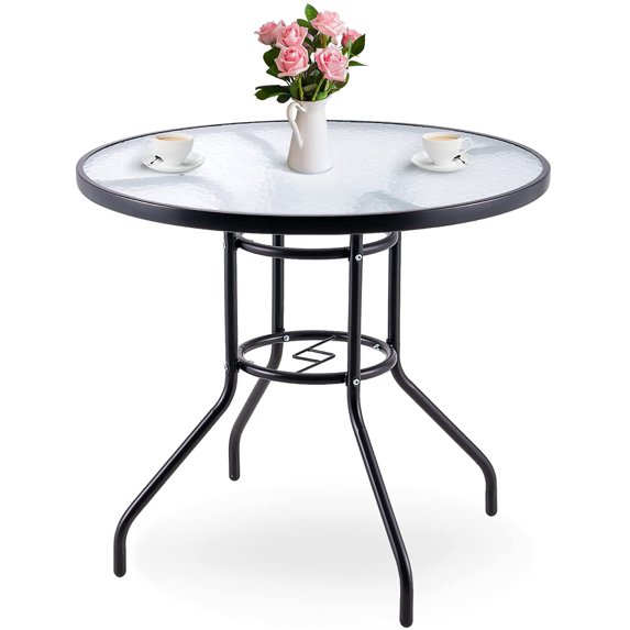 31.5" Outdoor Patio Bistro Metal Dining Table Round Glass Top Patio Table with Umbrella Hole for Backyard Lawn Balcony Deck