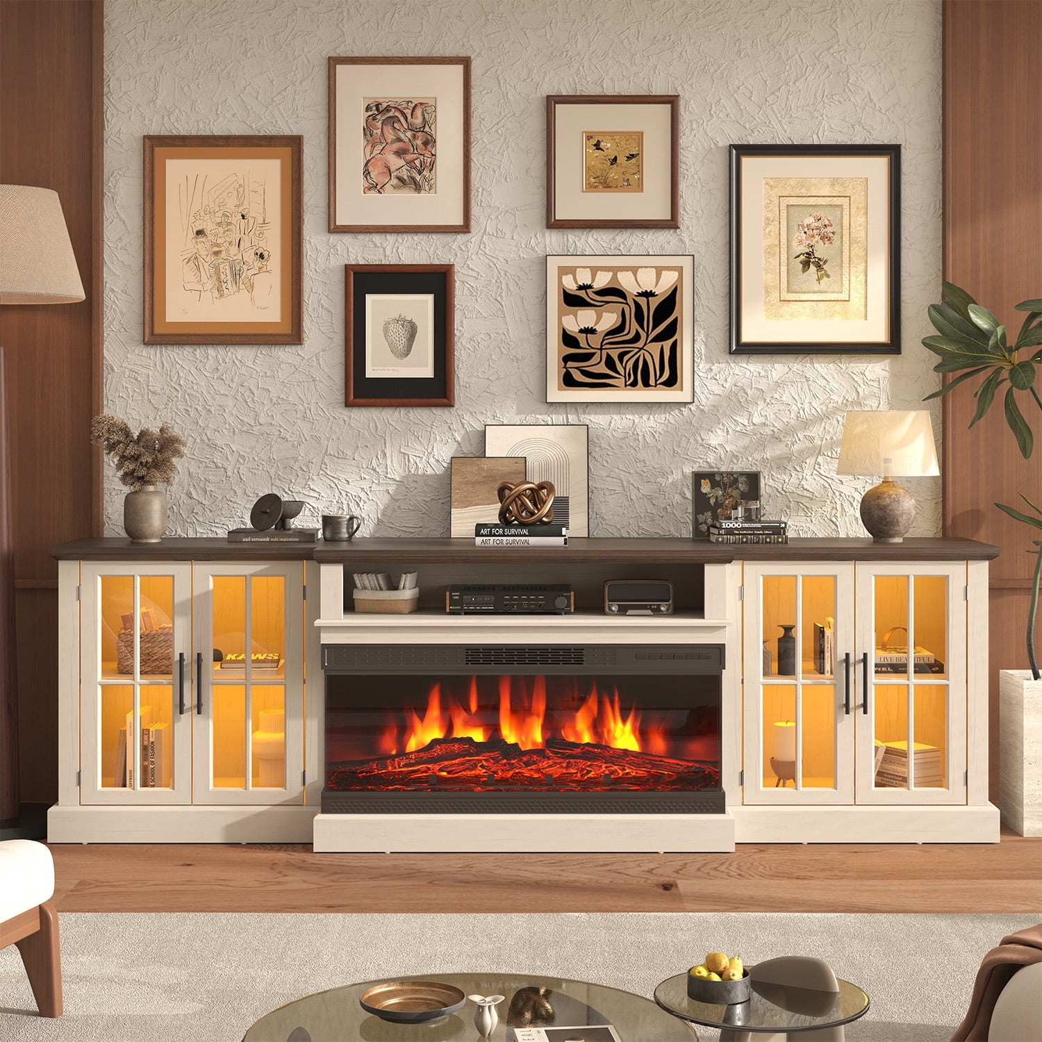 Sonegra 87" Farmhouse TV Stand with Fireplace for TVs up to 90", Media Entertainment Center with Adjustable Shelves and Large Storage Cabinets, for Living Room, White