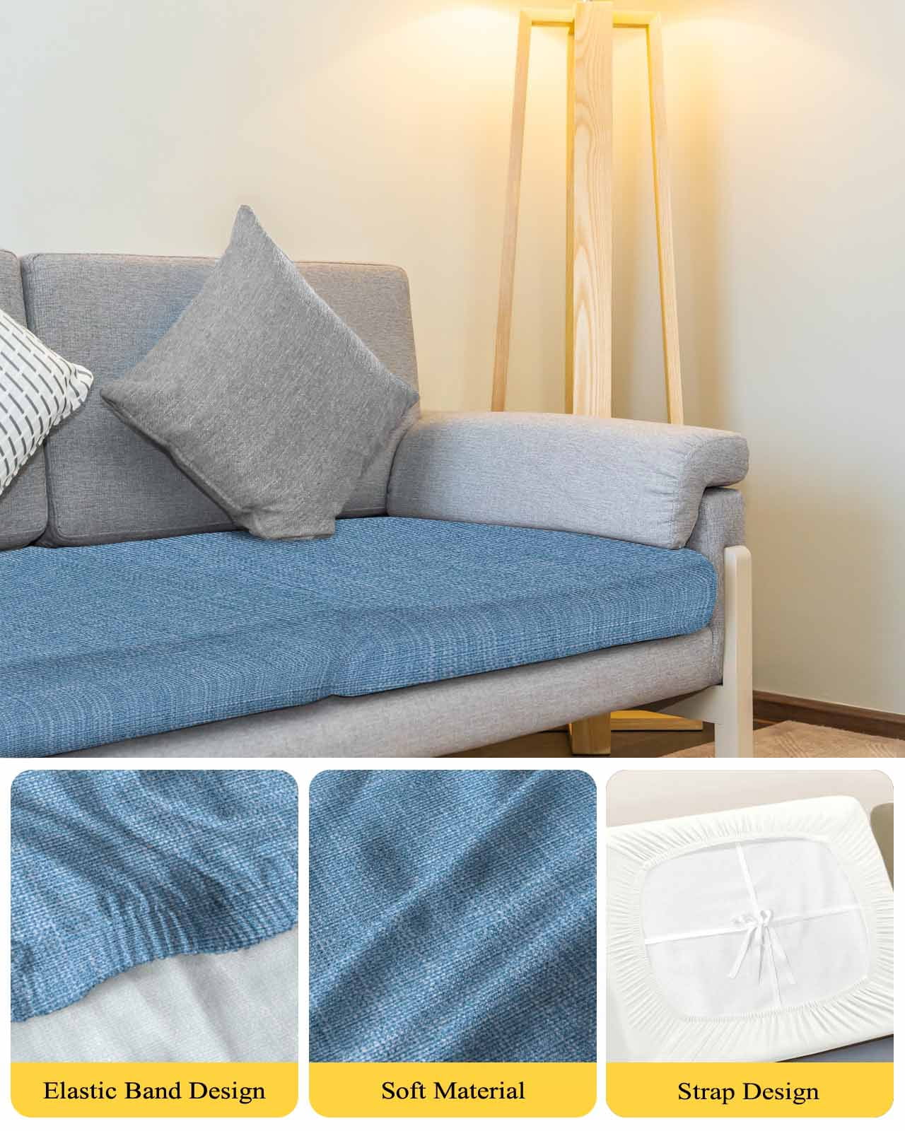 Blue Burlap Texture Couch Cushion Covers Stretch, Washable Sofa Seat Covers Individual Seat Cushion Sofa Slipcovers Farmhouse Vintage Blue Couch Cover Furniture Protector S-3PCS