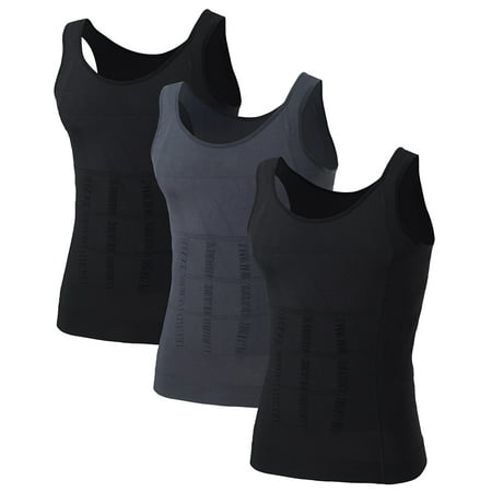 Mens Slimming Body Shaper Waist Trainer Vest Chest Gynecomastia Compression Shirt, 3 Pack-2 Black+1