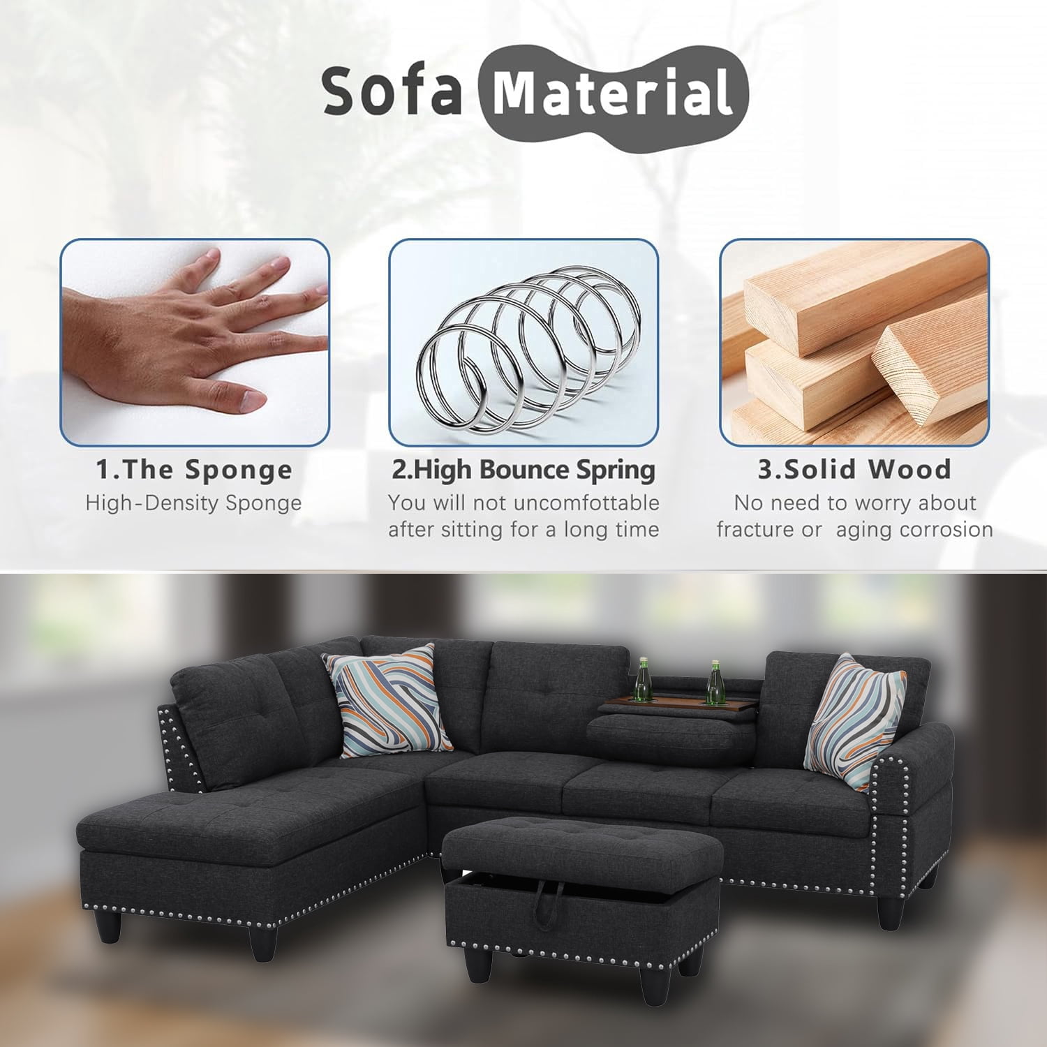 Wzlam Sectional Couch for Living Room Furniture Sets, Black Grey Linen L Shape Chaise with Storage Ottoman, Modern 3 Piece Sofa Sets for Bedrooms, Apartments and Offices(Facing Left Chaise)