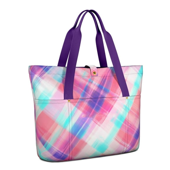 Women's Large Tote Bag with Zipper - 20L Purple Checkered Travel Beach Weekender Duffle Bag Foldable Teacher Nurse Handbag for Work, Gym Shoulder Bag - Fits 15.6" Laptop, Folds Into Pouch