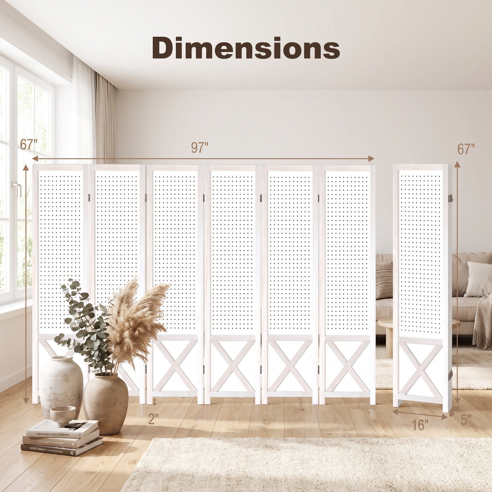 Vebreda 6-Panel Pegboard Room Divider, 67 in Tall Foldable Wood Privacy Screen with Peg Holes for Hanging Storage, Freestanding Partition for Home Office, White