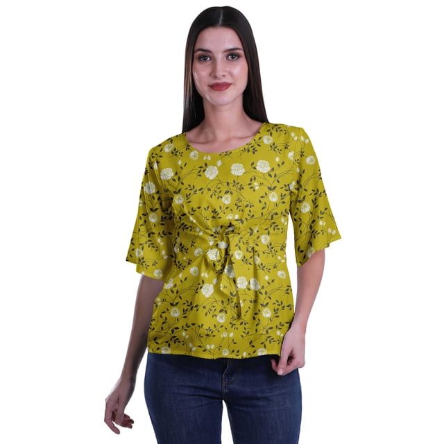 Moomaya Haut Col Rond Imprimé pour Femme Blouse Manches Coude Tunique Formelle Wear