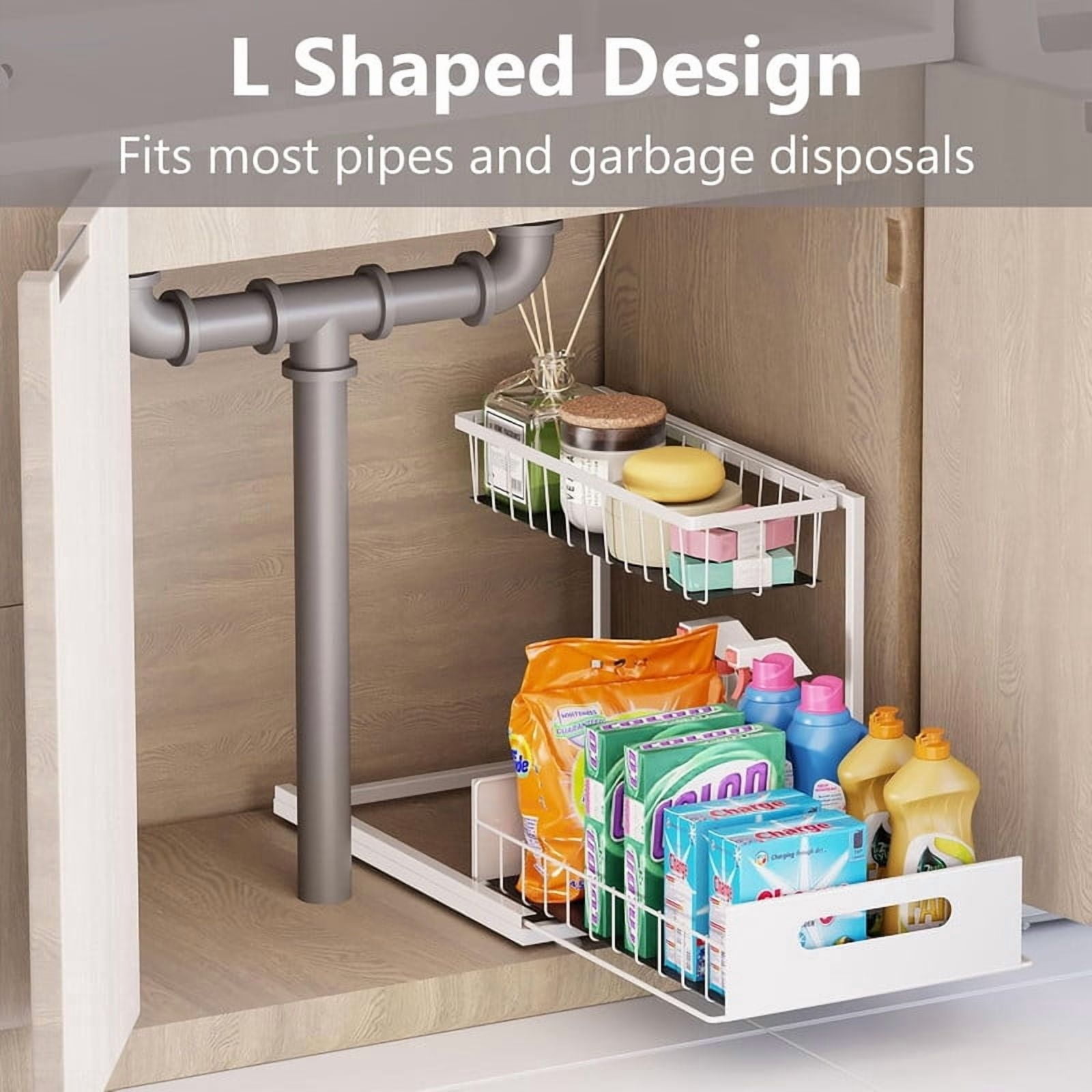 2-Tier L-Shape Under Sink Organizer, Slide Out Metal Kitchen & Bathroom Storage Rack, Kitchen Cabinet Organizer, 1 Pack