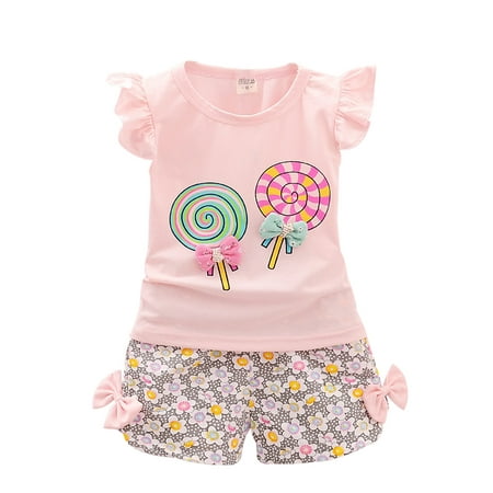 

DNDKILG Infant Baby Toddler Girls 2 Piece Summer Outfits Clothes Set Print T Shirts and Set Sleeveless with Pink 3M-2Y 100