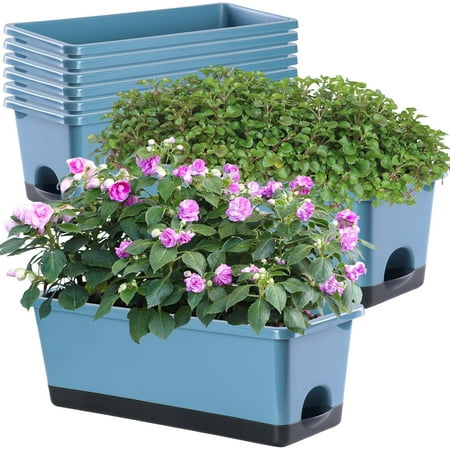 Window Box Planter 8 Pcs 17 Inches Rectangle Flower Pots with Drainage Holes and Trays Vegetable Planters for Windowsill Patio Garden Balcony Home Porch Yard Indoor Outdoor