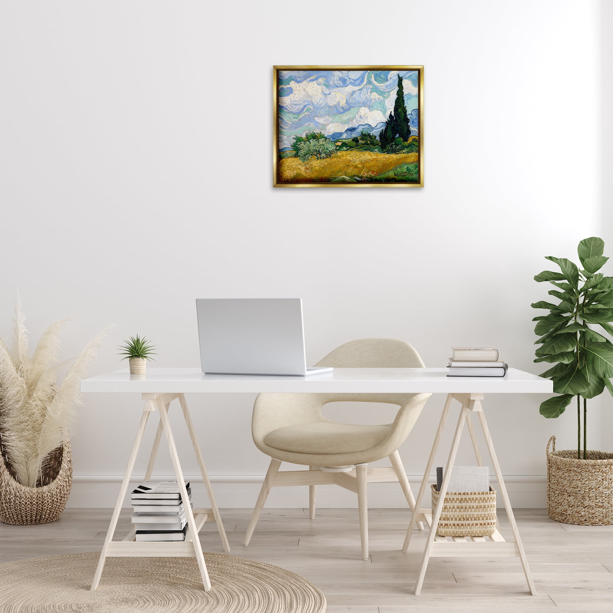 Stupell Industries Classical Wheat Field with Cypresses Landscape & Nature Painting Gold Floater Framed Canvas Art Print Wall Art, 21 x 17