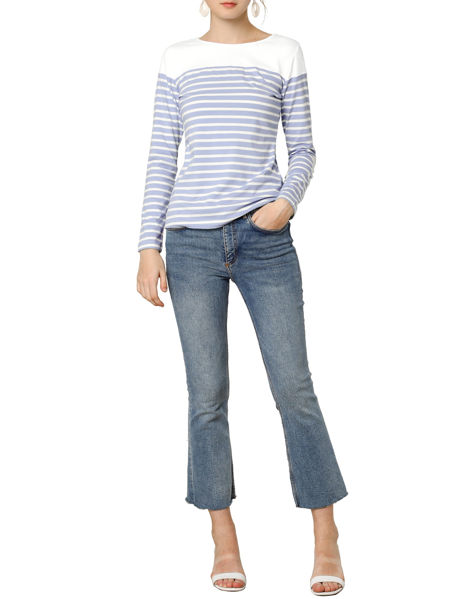 DARING DIVA Women's Color Block Striped Knit Top Long Sleeves T-Shirt M Light Blue