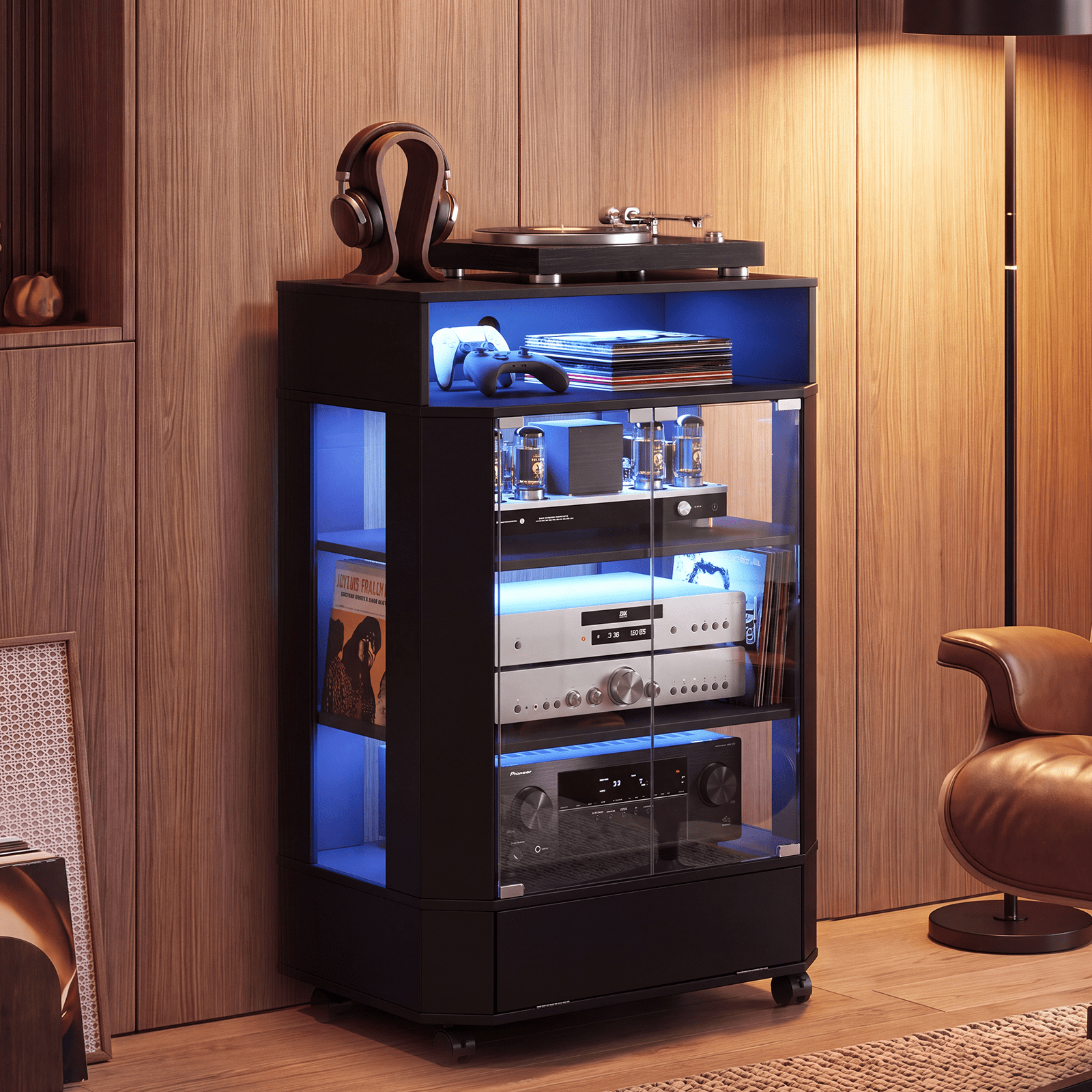 Advwin 6-Tier Media Cabinet with LED Lights & Tempered Glass Doors, Rolling AV Stand with Cable Management, Lockable Wheels, Open Shelves & Hidden Storage, Audio Stand for Gaming & Living Room