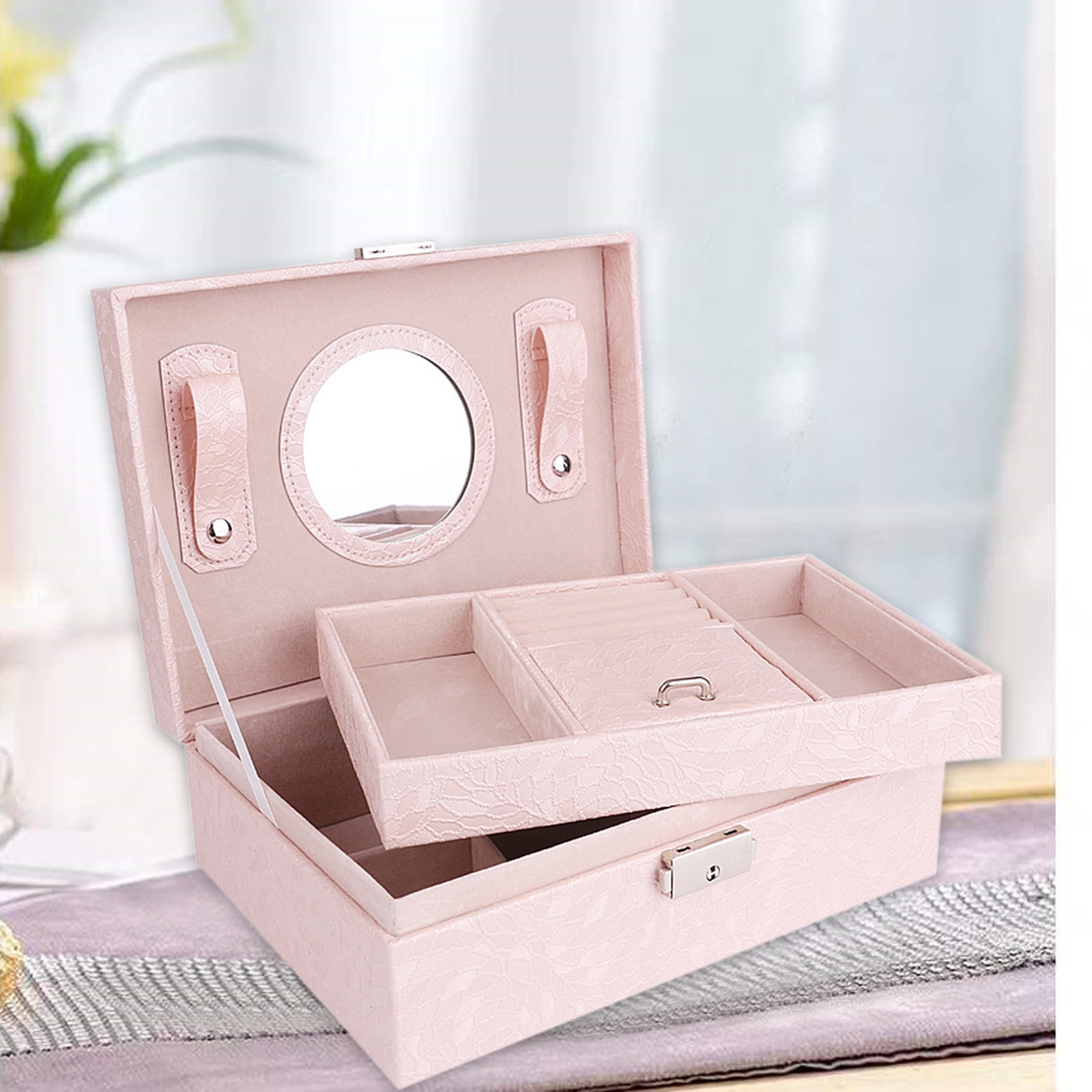 Jubipavy Jewelry Box With Lock And Mirror Jewelry Organizer Storage Case With 2-Layers Display For Earrings Bracelets Rings Watches