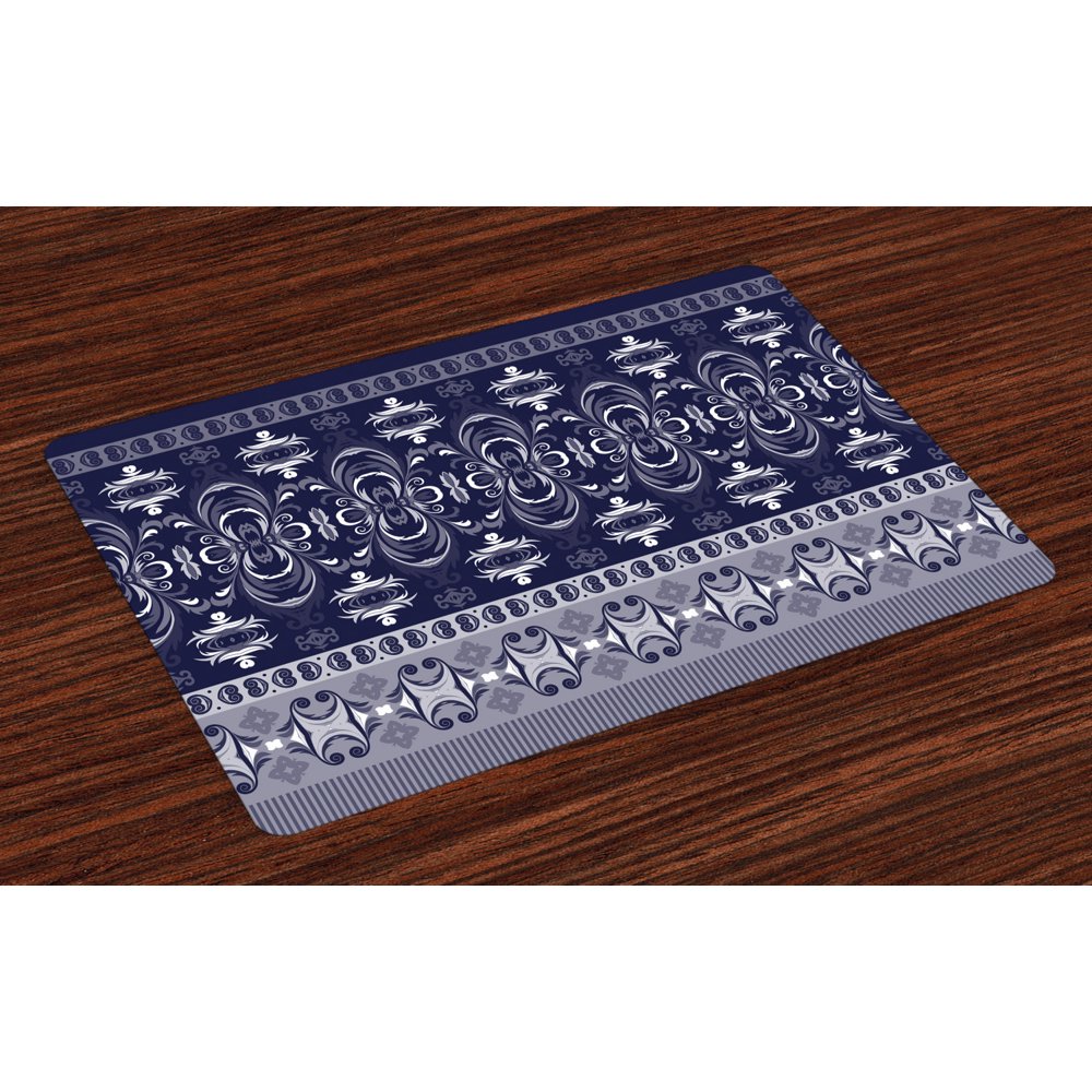 Navy Blue Placemats Set of 4 Tribal Ehnic Style Floral Horizontal