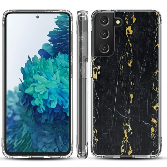 Shockproof Hybrid Bumper Phone Case for Samsung galaxy S21  5G / S21 Plus 5G, by OneToughShield ® - Marble / Gold/Black