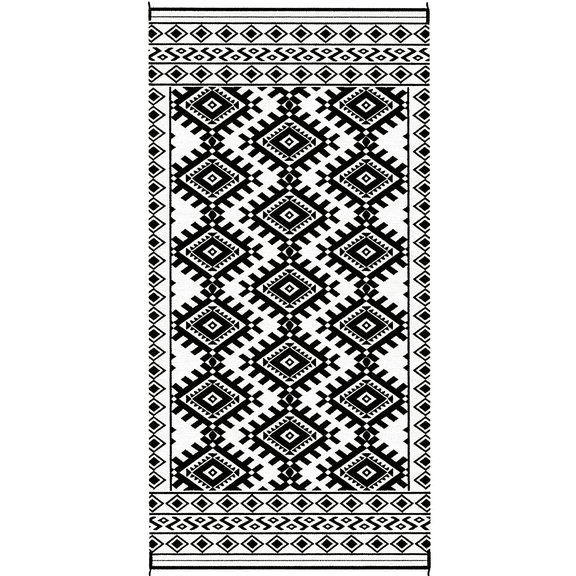 9' x 18' Black & White Rhombus Border Reversible Outdoor Rug, Waterproof Patio Camping Carpet with Carry Bag, Foldable Portable RV Mat