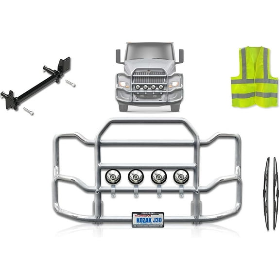 Kozak Semi Truck International LT LT625 Plastic Bumper with Central Fog Light Front Grille Deer Bumper Guard Large Chrome