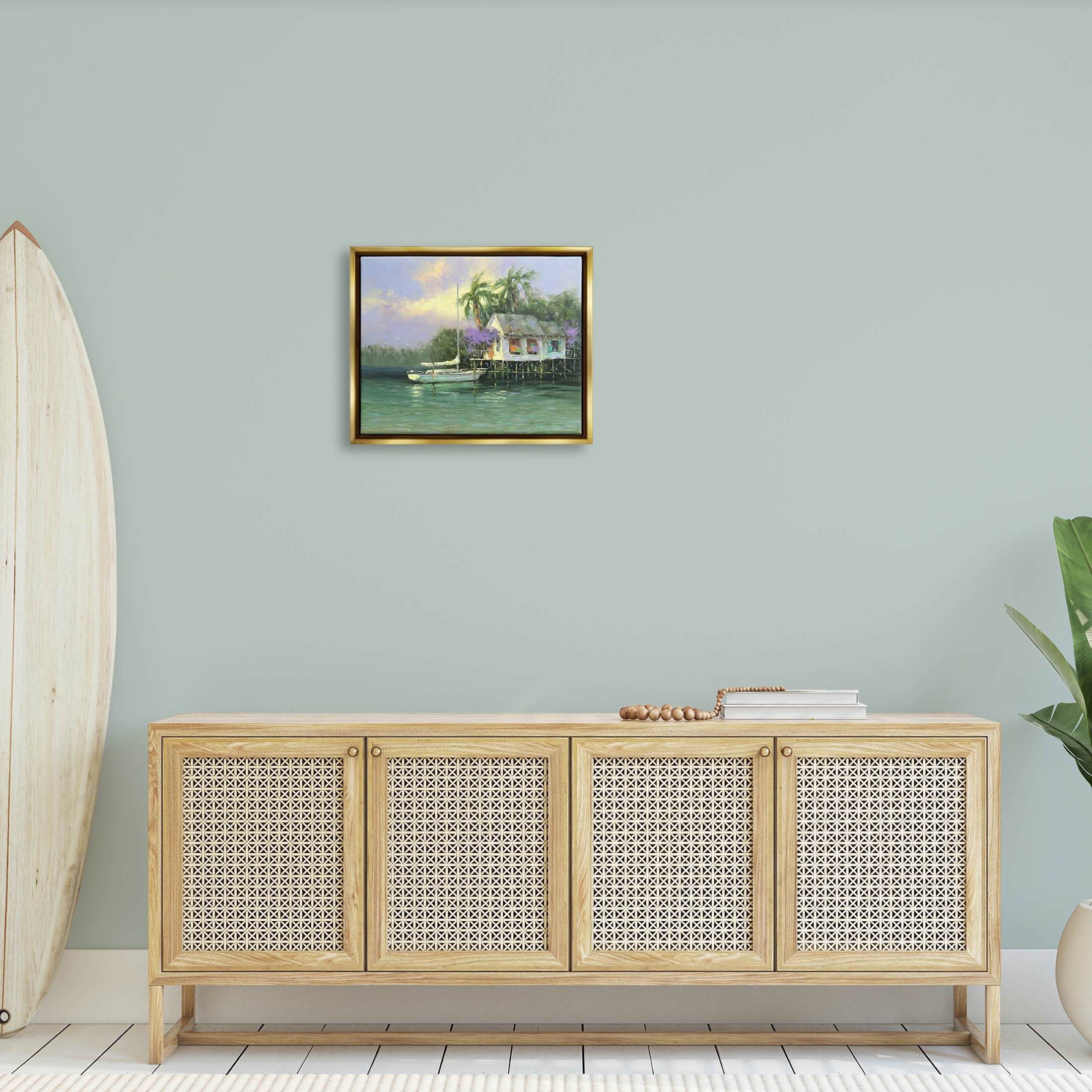 Summer Ocean Pier Palm Trees Landscape Painting Metallic Gold Framed Art Print Wall Art