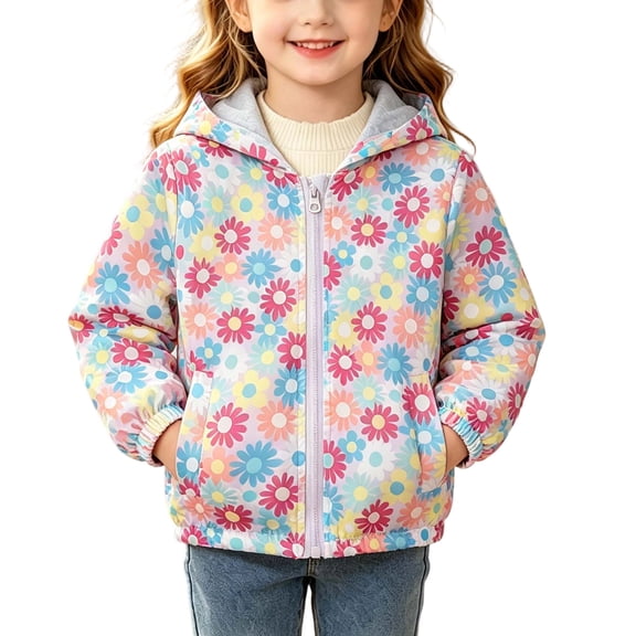 AVRNLIQ Kids Girls Floral Jacket Lightweight Water Resistant Hooded Spring Windbreaker Outerwear,Size 5 T