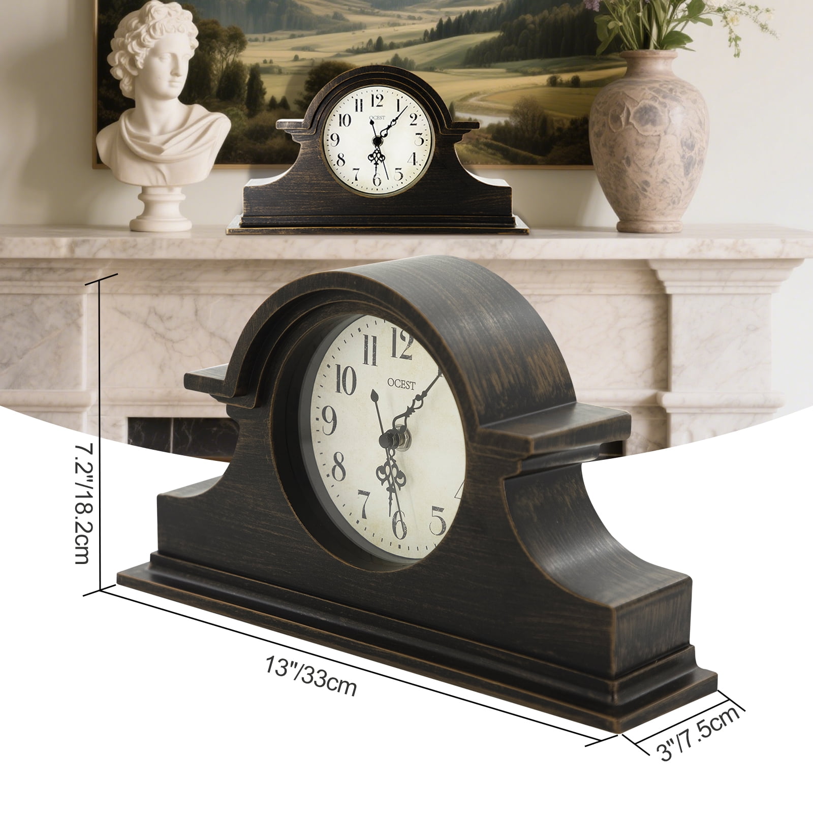 OCEST Vintage Mantel Clock, 13x7inch Battery Operated Wooden Mantel Clock, Silent Desk Shelf Vintage Clock for Living Room,Home Decor Gift, Elegant Wooden Frame