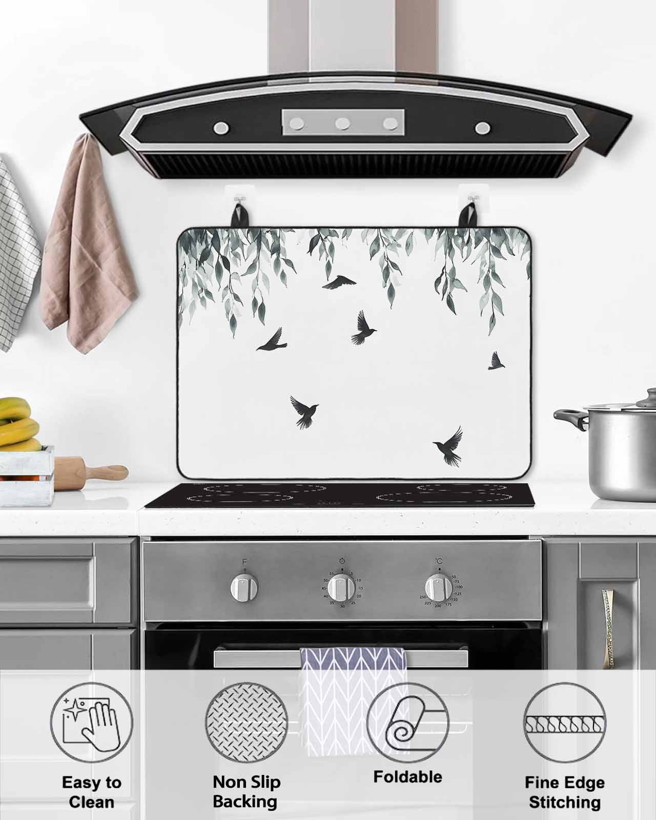 nqOlkjepod Large Induction Cooktop Protector Mat 36"x21", Leaf Bird Stove Top Covers for Electric Stove, Vine Watercolor Plant Country Style Branch Stove Burner Cover Mats, Glass Top Stove Cover