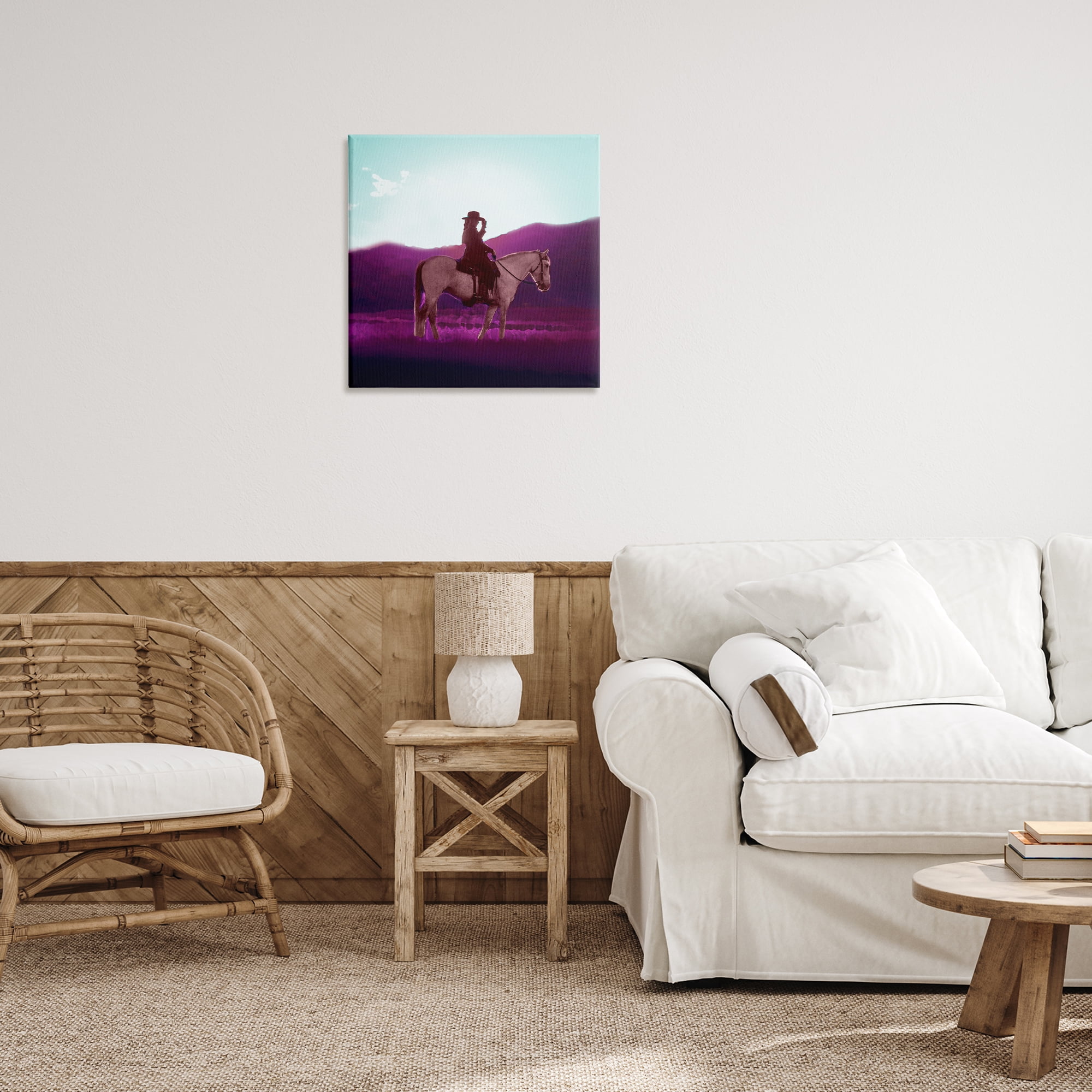 Stupell Industries Cowgirl & Purple Mountains Animals & Insects Painting Gallery Wrapped Canvas Art Print Wall Art, 24 x 24