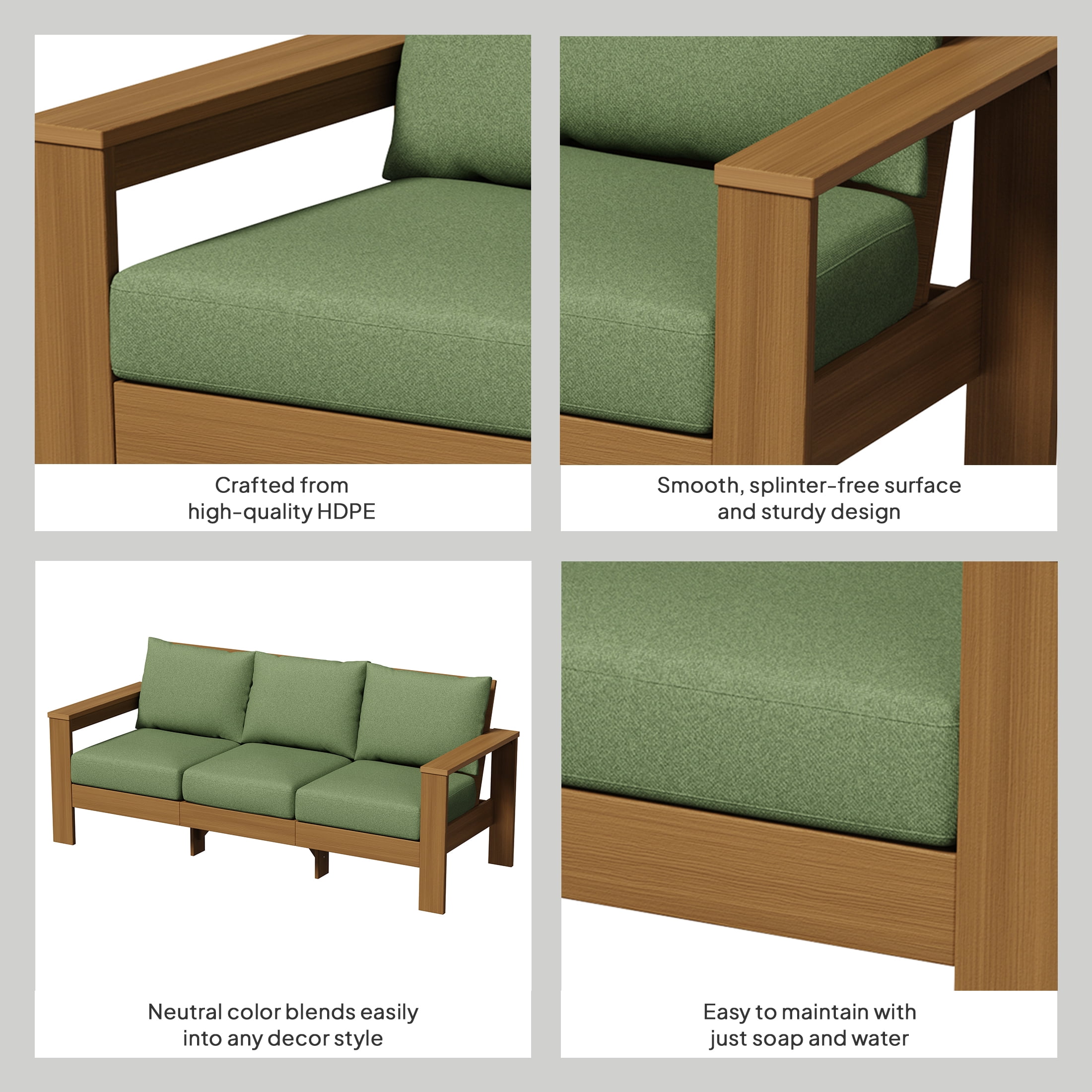 Better Homes & Gardens Ezra Outdoor Sofa, HDPE, Teak with Green Cushions