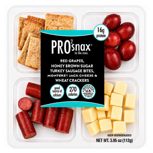 PRO2snax To The Max Red Grapes, Honey Brown Sugar Turkey Sausage Bites, Monterey Jack Cheese & Wheat Crackers, 3.95 oz.