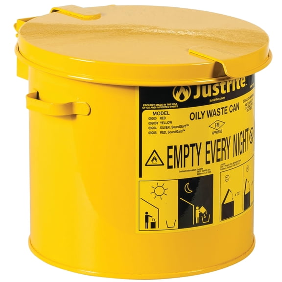 Justrite 2 Gallon Galvanized Steel Countertop Oily Waste Can, 9" x 9.6" Metal Oil Rag Safety Can with Hand Operated Self-Closing Lid for Oil Rag Disposal, Made in The USA, Yellow, 09200Y CA2